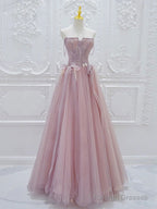 A-Line Tulle Lace Pink Long Prom Dress, Pink Tulle Lace Long Formal Dress