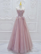 A-Line Tulle Lace Pink Long Prom Dresses Pink Tulle Lace Long Prom Dresses