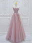 A-Line Tulle Lace Pink Long Prom Dresses Pink Tulle Lace Long Prom Dresses