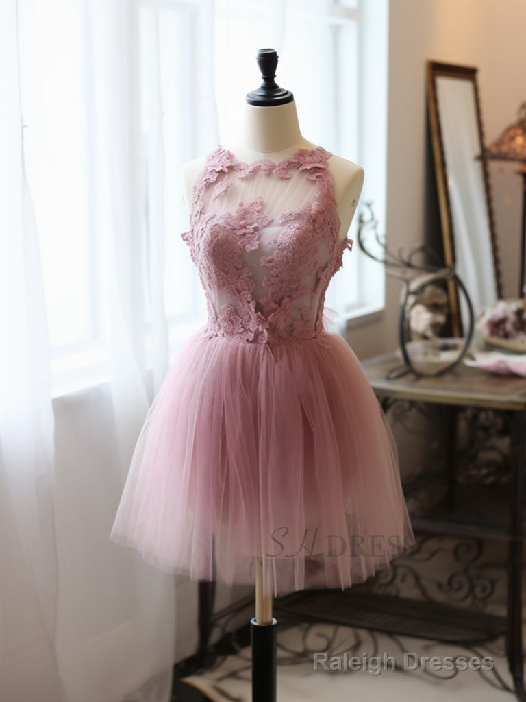 A-Line Tulle Lace Pink Short Prom Dresses Pink Homecoming Dresses