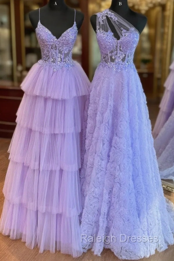 A-Line Tulle Lace Purple Long Prom Dress, Purple Long Formal Dress