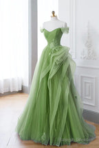 A-Line Tulle Lace Sage Green Long Prom Dresses