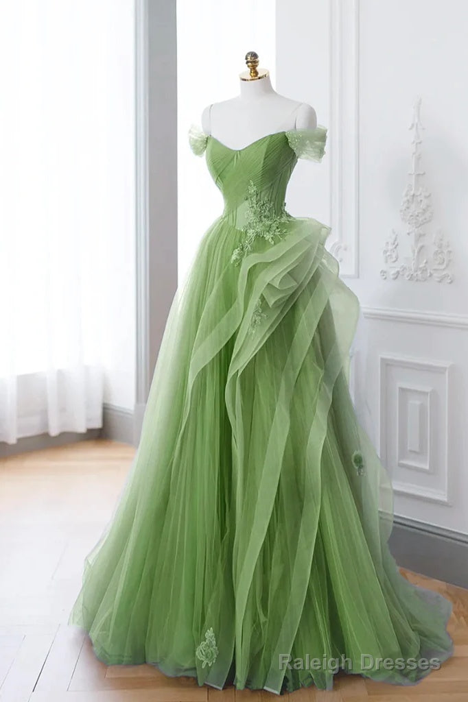 A-Line Tulle Lace Sage Green Long Prom Dresses