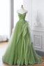 A-Line Tulle Lace Sage Green Long Prom Dress