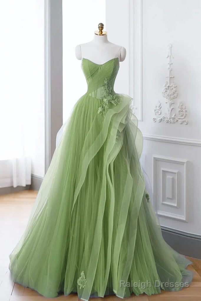 A-Line Tulle Lace Sage Green Long Prom Dresses