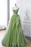 A-Line Tulle Lace Sage Green Long Prom Dresses