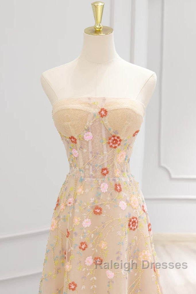 A-Line Tulle Lace Sequin Champagne Long Prom Dress, Champagne Long Formal Dress Secondary image