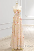 A-Line Tulle Lace Sequin Champagne Long Prom Dress, Champagne Long Formal Dress