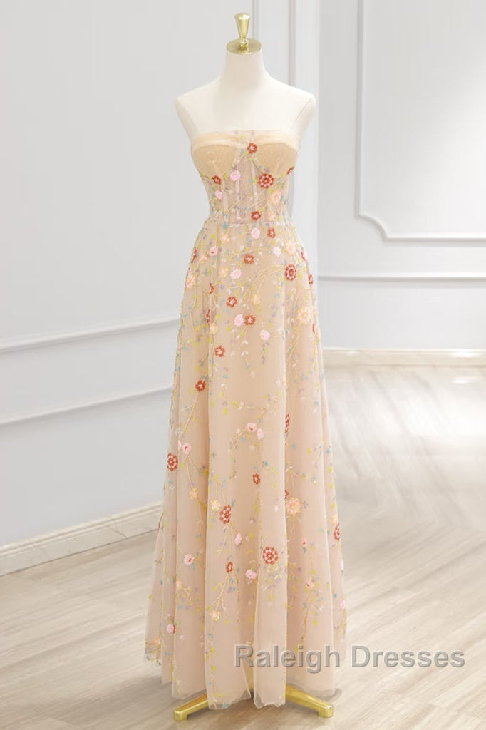 A-Line Tulle Lace Sequin Champagne Long Prom Dress, Champagne Long Formal Dress