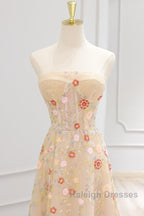 A-Line Tulle Lace Sequin Champagne Long Prom Dress, Champagne Long Formal Dress