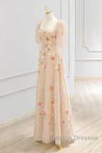 A-Line Tulle Lace Sequin Champagne Long Prom Dresses Champagne Long Prom Dresses