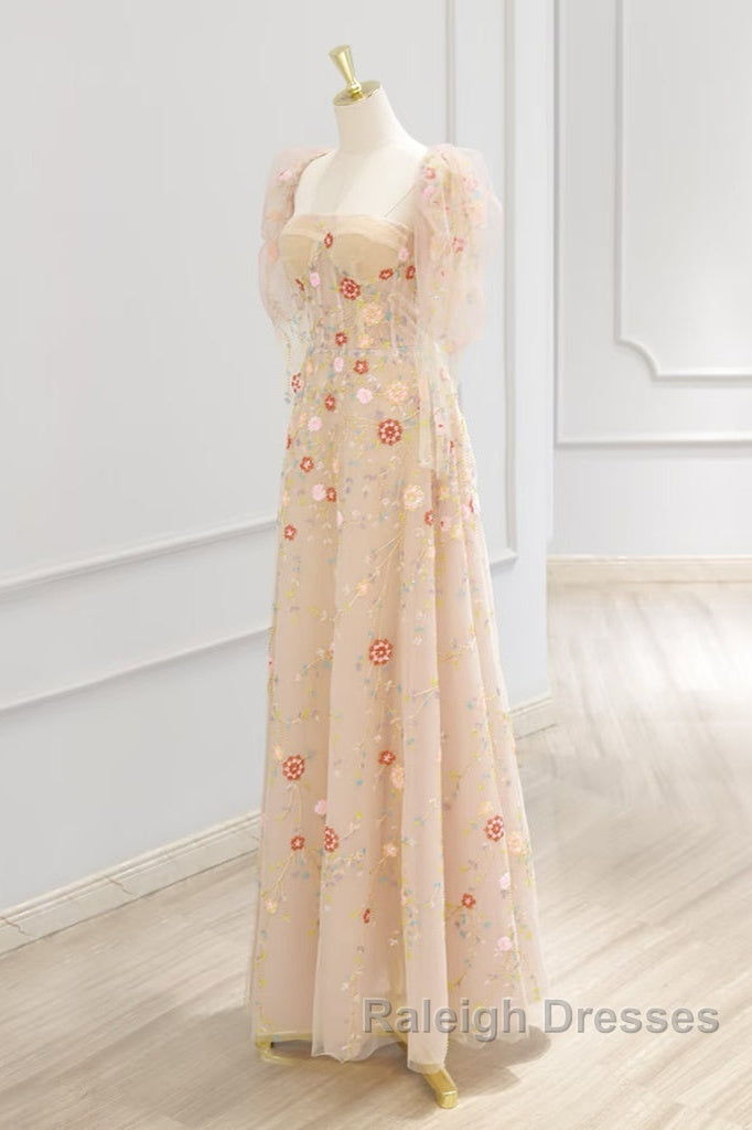 A-Line Tulle Lace Sequin Champagne Long Prom Dresses Champagne Long Prom Dresses