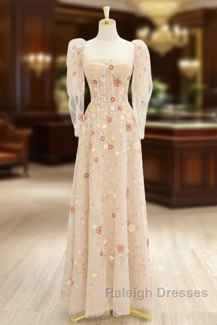 A-Line Tulle Lace Sequin Champagne Long Prom Dress, Champagne Long Formal Dress Main image