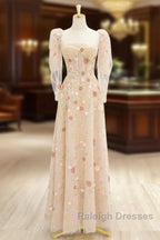 A-Line Tulle Lace Sequin Champagne Long Prom Dresses Champagne Long Prom Dresses