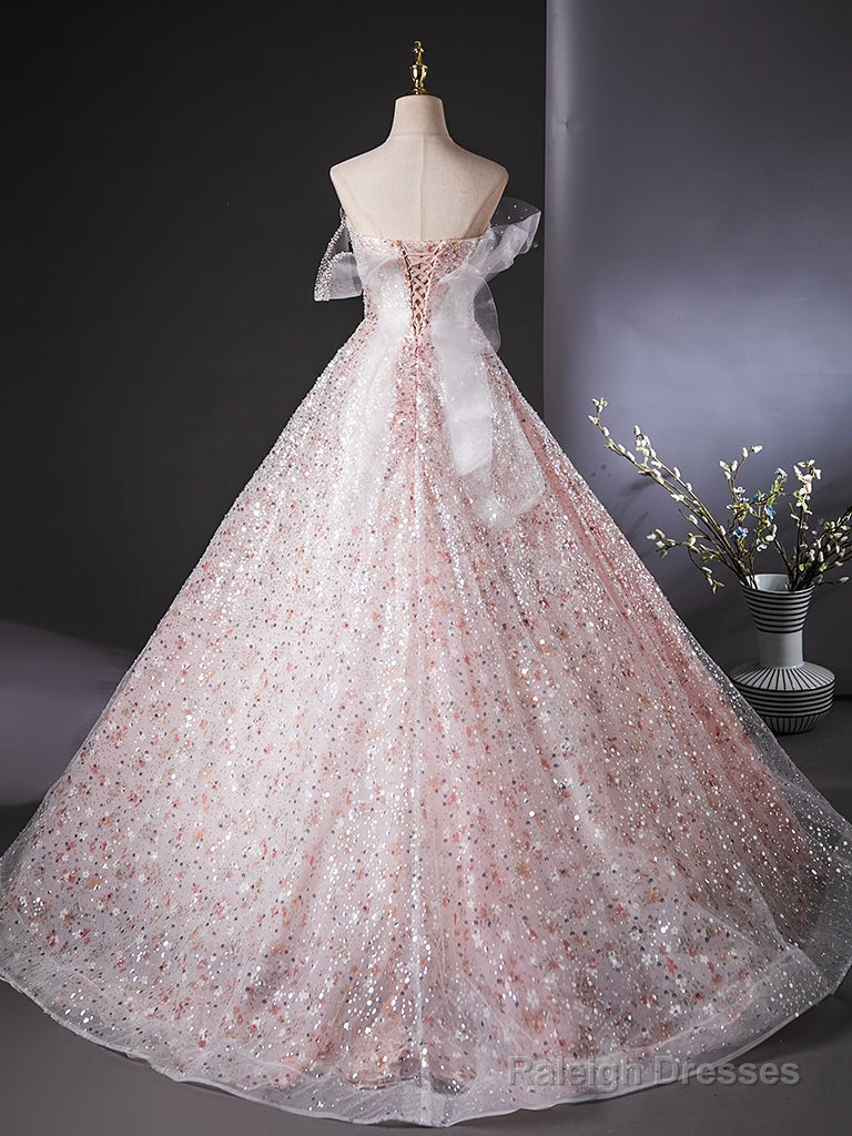 A-Line Tulle Lace Sequin Pink Long Prom Dresses Pink Long Prom Dresses Secondary image
