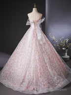 A-Line Tulle Lace Sequin Pink Long Prom Dresses Pink Long Prom Dresses