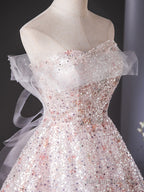 A-Line Tulle Lace Sequin Pink Long Prom Dresses Pink Long Prom Dresses