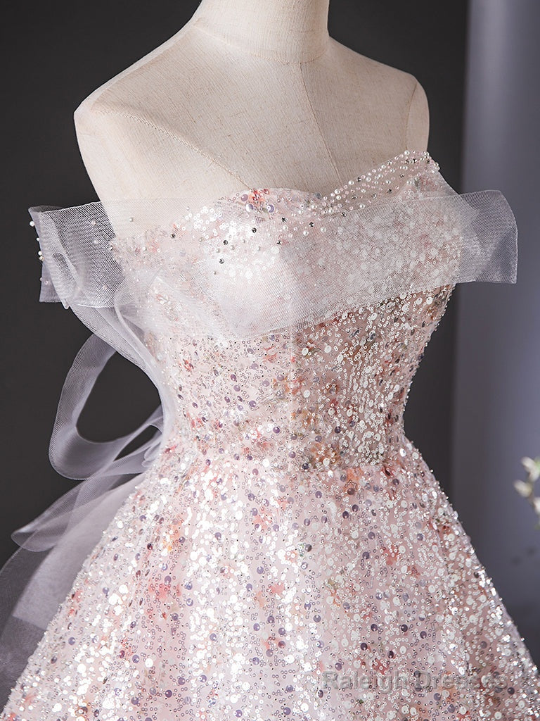 A-Line Tulle Lace Sequin Pink Long Prom Dresses Pink Long Prom Dresses