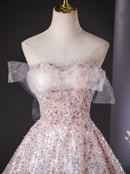 A-Line Tulle Lace Sequin Pink Long Prom Dresses Pink Long Prom Dresses