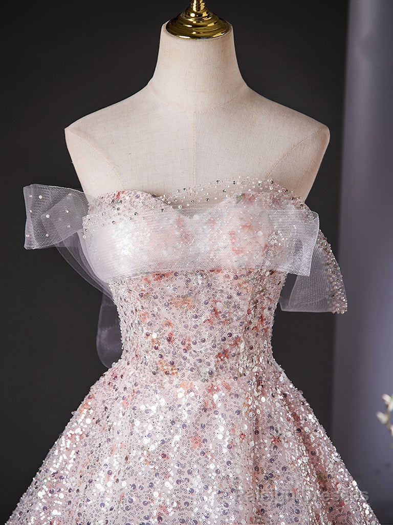 A-Line Tulle Lace Sequin Pink Long Prom Dresses Pink Long Prom Dresses