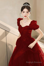 A-Line Tulle Lace Short Sleeve Prom Dress, Lovely Floor Length Evening Party Dress