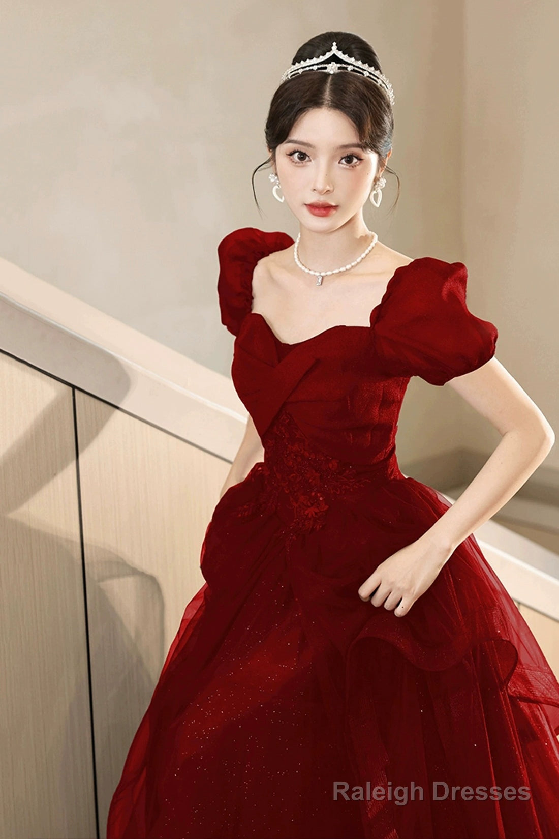 A-Line Tulle Lace Short Sleeve Prom Dress, Lovely Floor Length Evening Party Dress