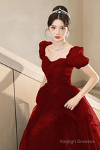 A-Line Tulle Lace Short Sleeve Prom Dresses Lovely Floor Length Prom Dresses