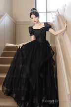 A-Line Tulle Lace Short Sleeve Prom Dresses Lovely Floor Length Prom Dresses