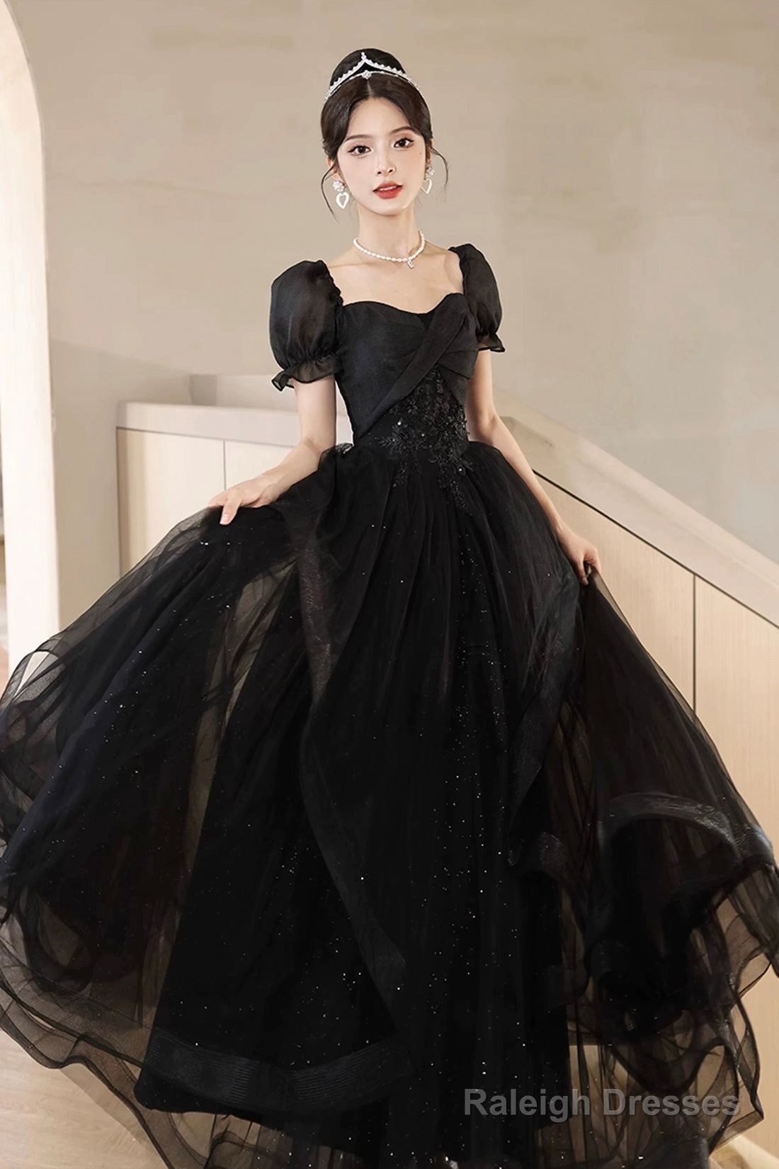 A-Line Tulle Lace Short Sleeve Prom Dresses Lovely Floor Length Prom Dresses