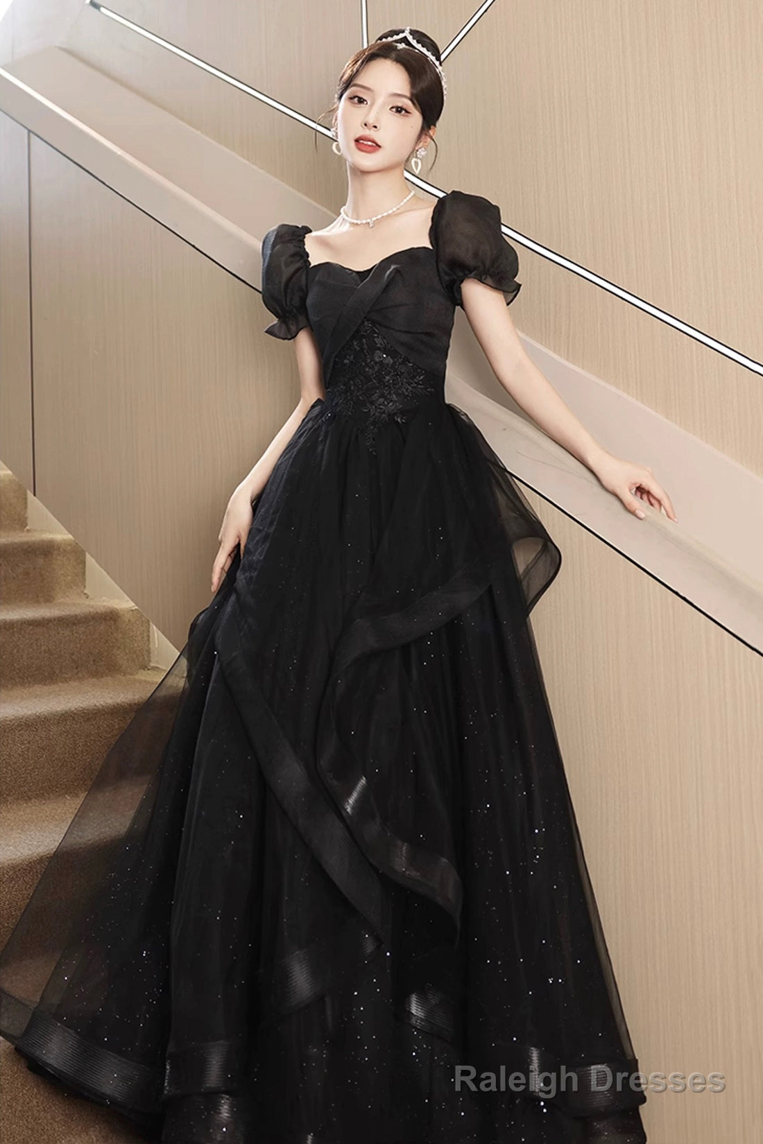 A-Line Tulle Lace Short Sleeve Prom Dresses Lovely Floor Length Prom Dresses