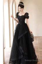 A-Line Tulle Lace Short Sleeve Prom Dresses Lovely Floor Length Prom Dresses