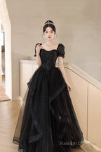A-Line Tulle Lace Short Sleeve Prom Dress, Lovely Floor Length Evening Party Dress