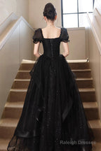 A-Line Tulle Lace Short Sleeve Prom Dresses Lovely Floor Length Prom Dresses