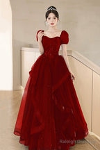 A-Line Tulle Lace Short Sleeve Prom Dresses Lovely Floor Length Prom Dresses