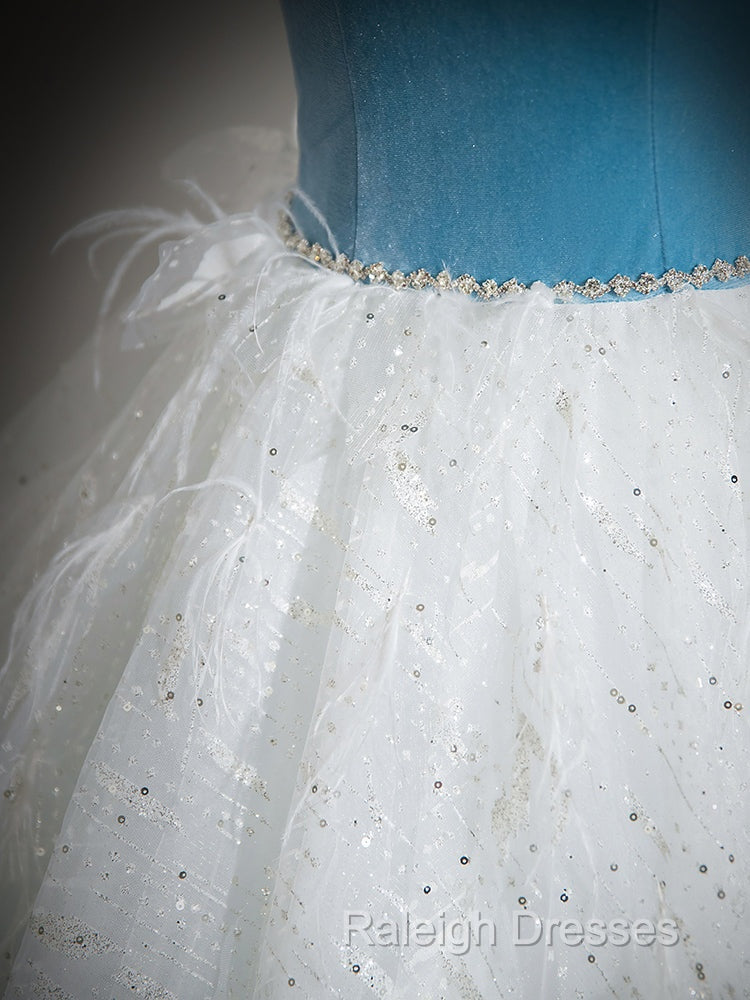 A-Line Tulle Lace White/Blue Long Prom Dresses White/Blue Long Prom Dresses