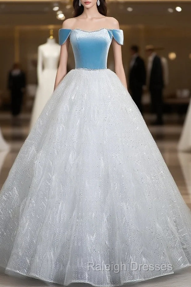 A-Line Tulle Lace White/Blue Long Prom Dress, White/Blue Long Evening Dress Main image