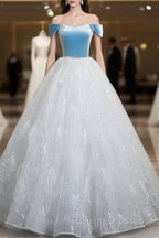 A-Line Tulle Lace White/Blue Long Prom Dress, White/Blue Long Evening Dress