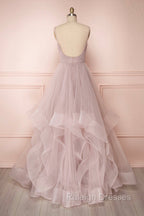 A-Line Tulle Layers Long Formal Dress, Cute V-Neck Evening Party Dress