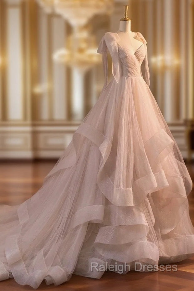 A-Line Tulle Layers Long Formal Dress, Spaghetti Straps Party Dress with Bow Main image