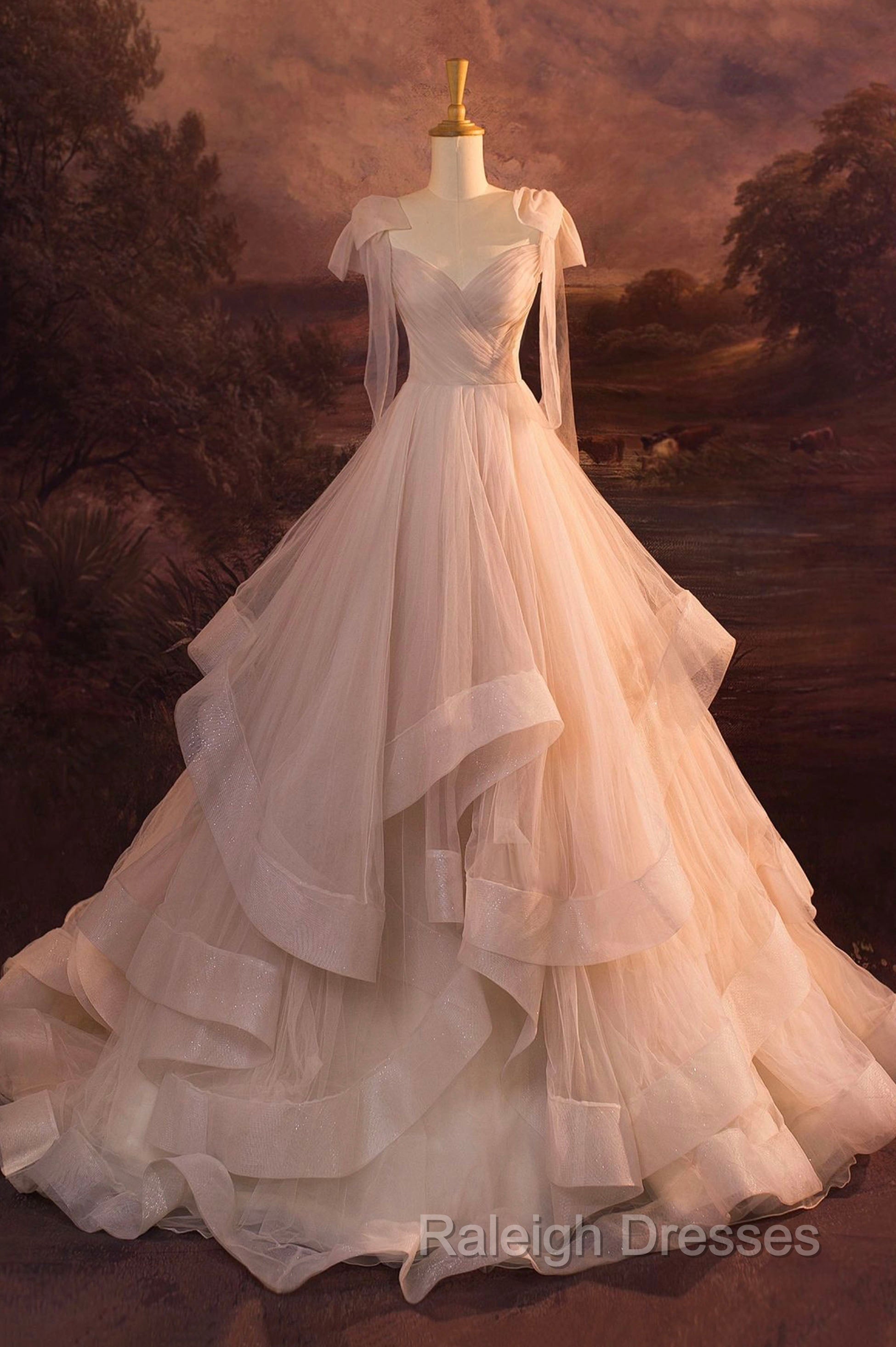 A-Line Tulle Layers Long Formal Dress, Spaghetti Straps Party Dress with Bow Secondary image