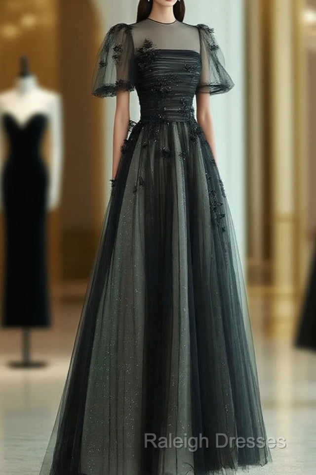 A Line Tulle Long Prom Dress Black Formal Evening Dress