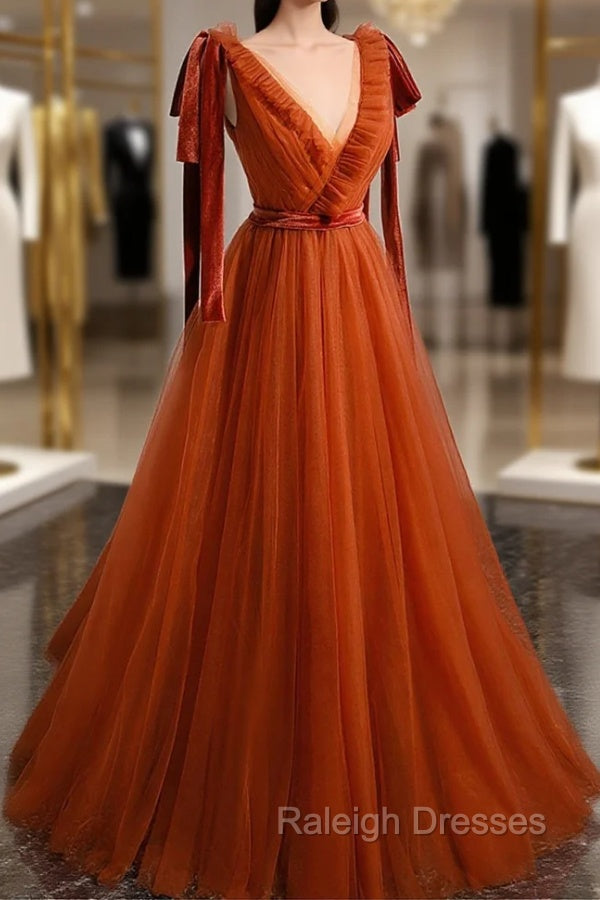 A-Line Tulle Long Prom Dress, Orange V-Neck Long Simple Evening Dress