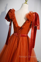 A Line Tulle Long Prom Dress, Orange V Neck Long Simple Prom Dress