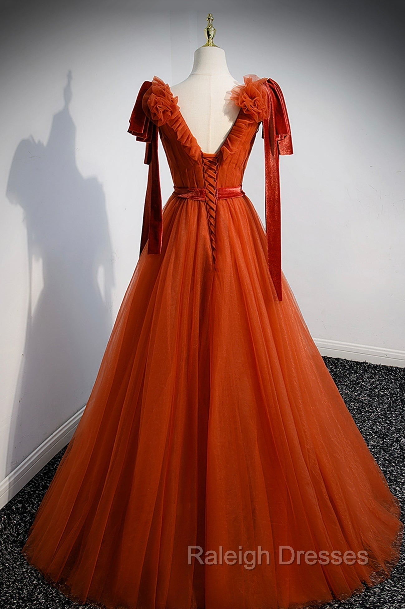 A-Line Tulle Long Prom Dress, Orange V-Neck Long Simple Evening Dress