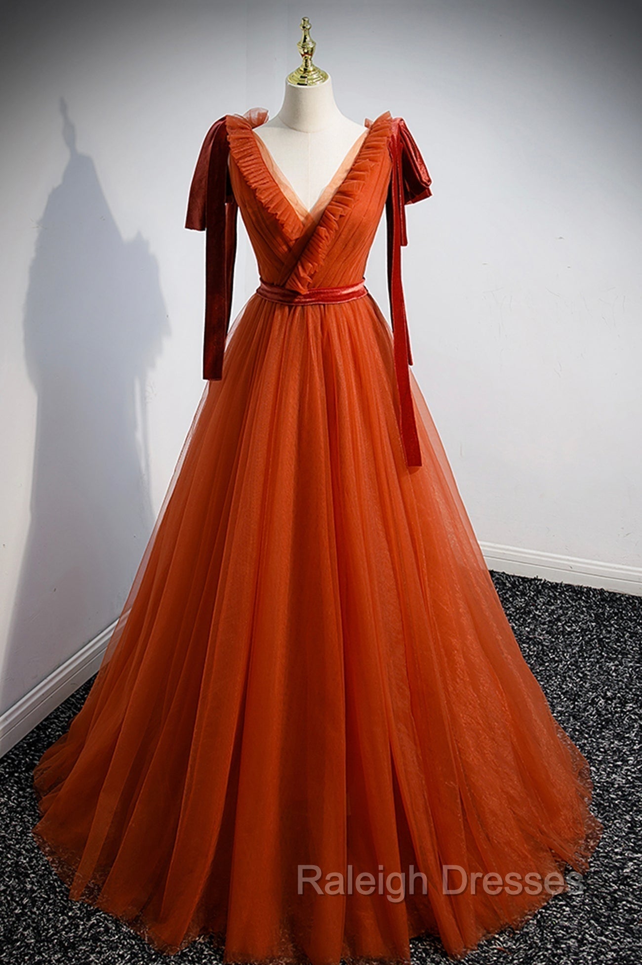 A Line Tulle Long Prom Dress, Orange V Neck Long Simple Prom Dress Main image