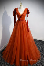 A Line Tulle Long Prom Dress, Orange V Neck Long Simple Prom Dress