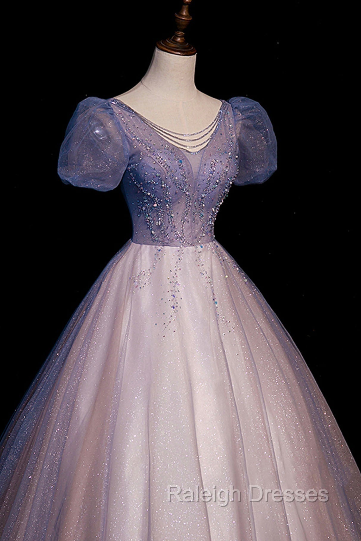 A-Line Tulle Long Prom Dress with Beaded, Blue Short Sleeve Evening Dress Secondary image