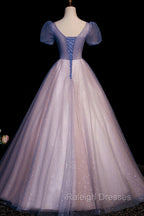 A Line Tulle Long Prom Dress with Beaded, Blue Short Sleeve Prom Dress
