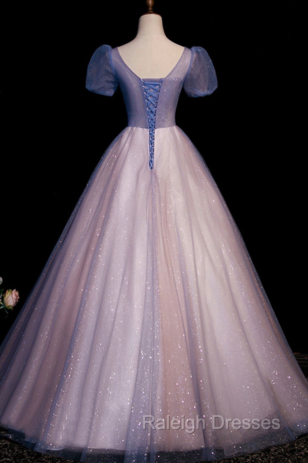 A Line Tulle Long Prom Dress with Beaded, Blue Short Sleeve Prom Dress