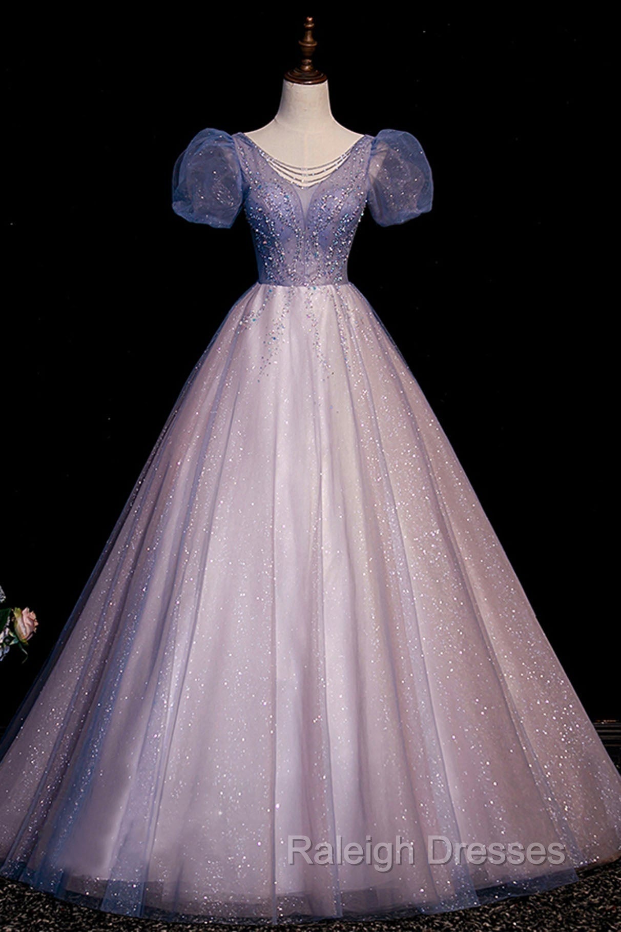 A Line Tulle Long Prom Dress with Beaded, Blue Short Sleeve Prom Dress